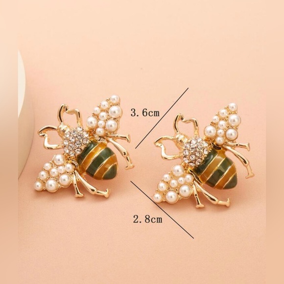 1 Pair Vintage Bee Shaped Earrings With Rhinestone And Faux Pearl, Zinc Alloy - Picture 4 of 4